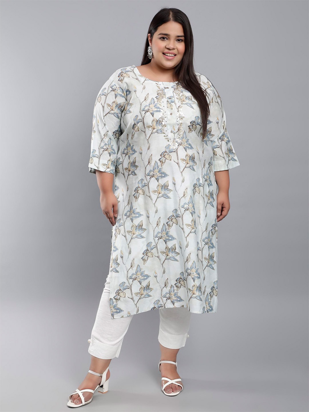 

Toodle Plus Plus Size Floral Foil Printed Gotta Patti Pure Cotton Kurta, Blue