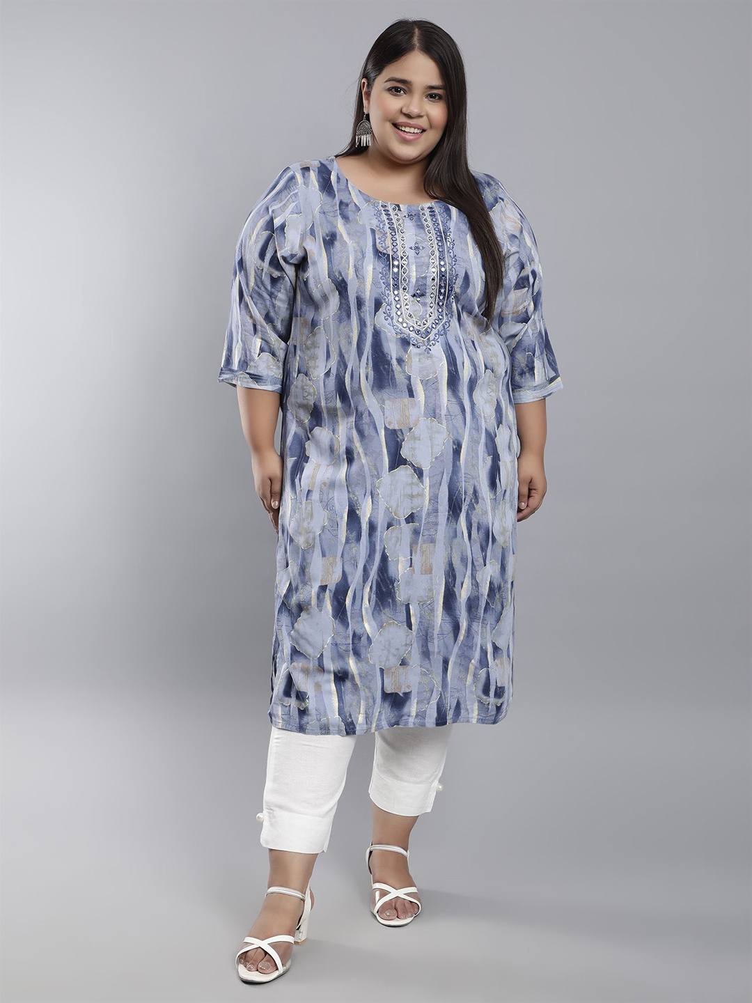 

Toodle Plus Abstract Printed Mirror Work Pure Cotton Straight Kurta, Blue