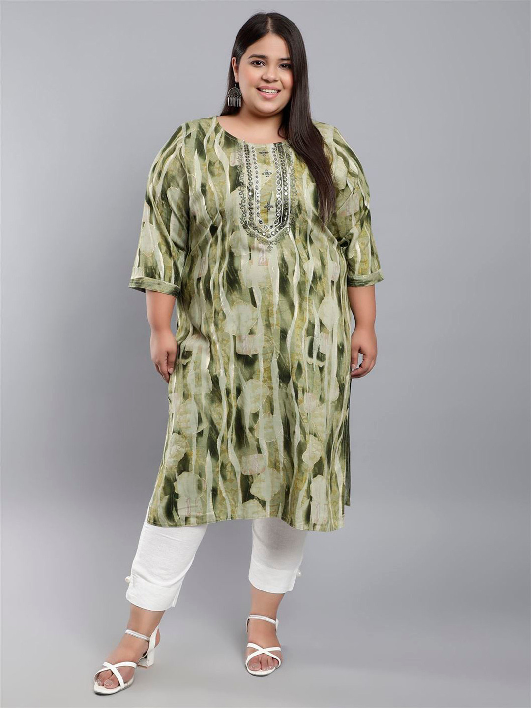 

Toodle Plus Size Abstract Printed Straight Cotton Kurta, Green