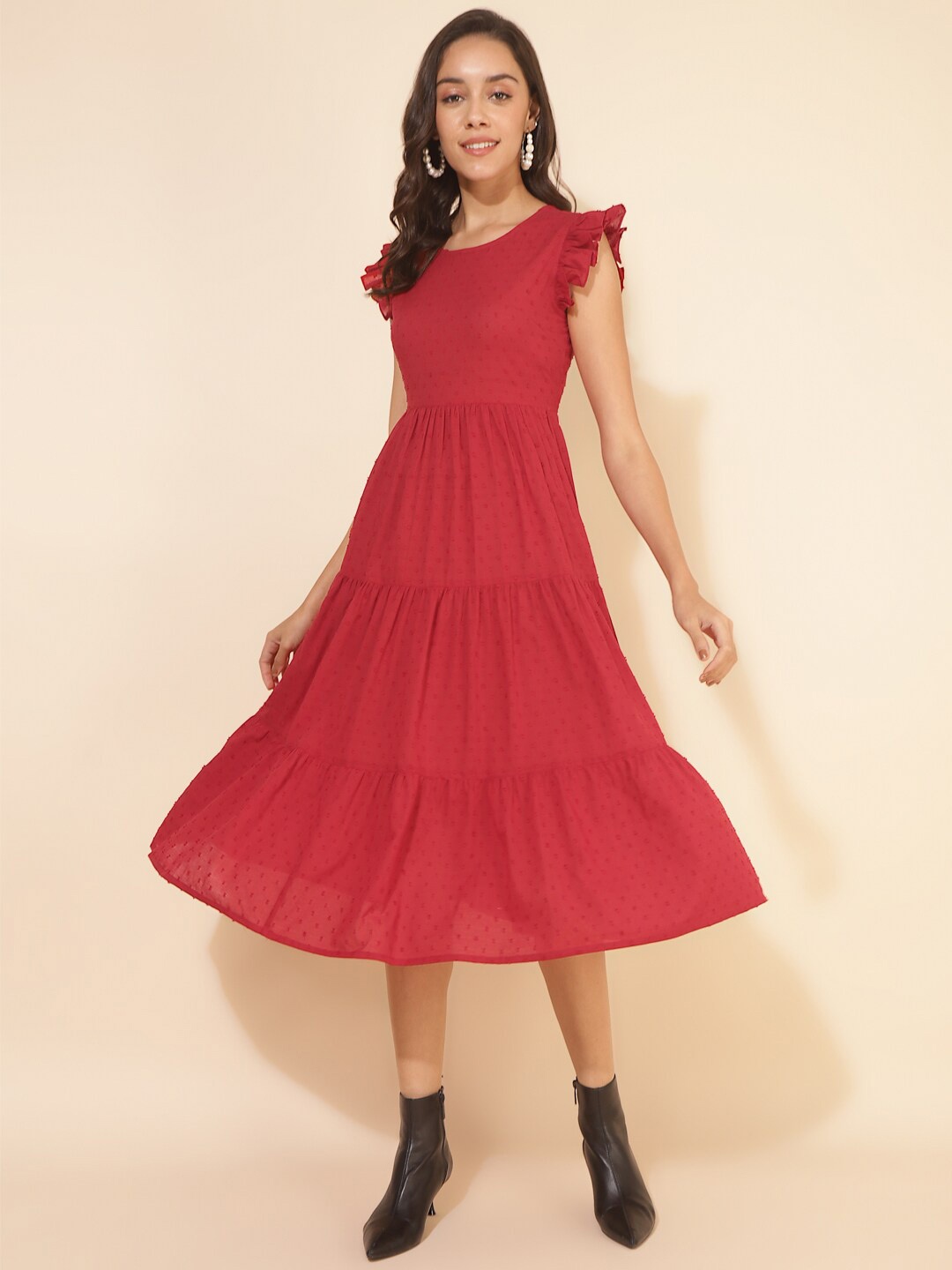 

Janasya Women's Red Cotton Dobby Solid Tiered Western Dress