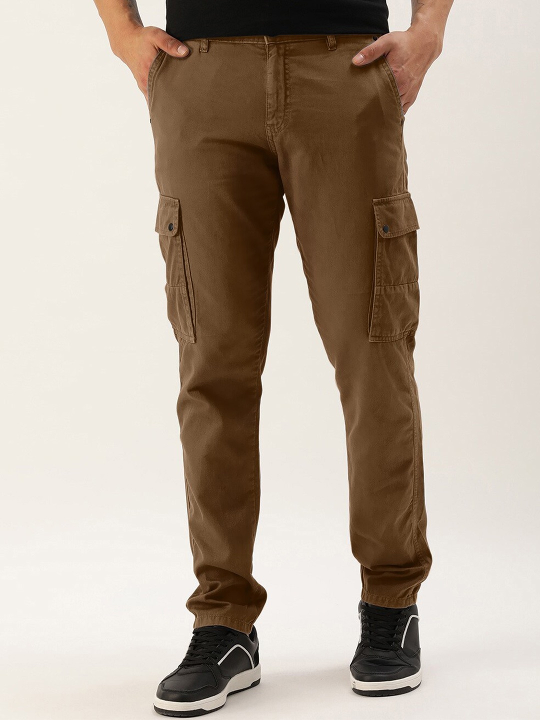 

IVOC Men Slim Fit Mid-Rise Cotton Cargos Trousers, Brown