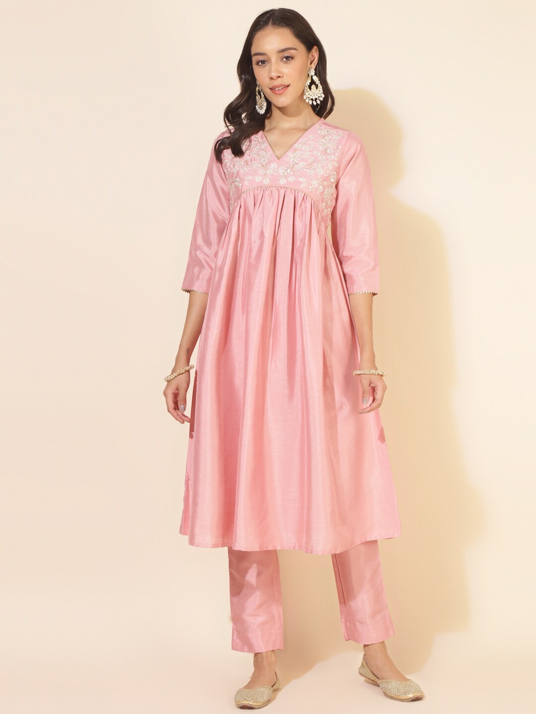 

Janasya Pink Floral Embroidered Pleated Kurta with Trousers