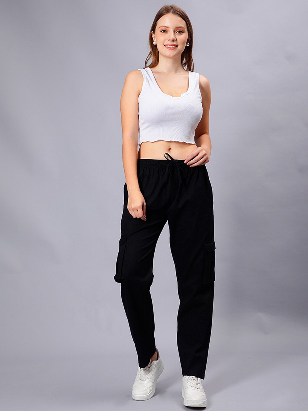 

Mad Over Print Women Relaxed Loose Fit Cotton Cargo Trousers, Black