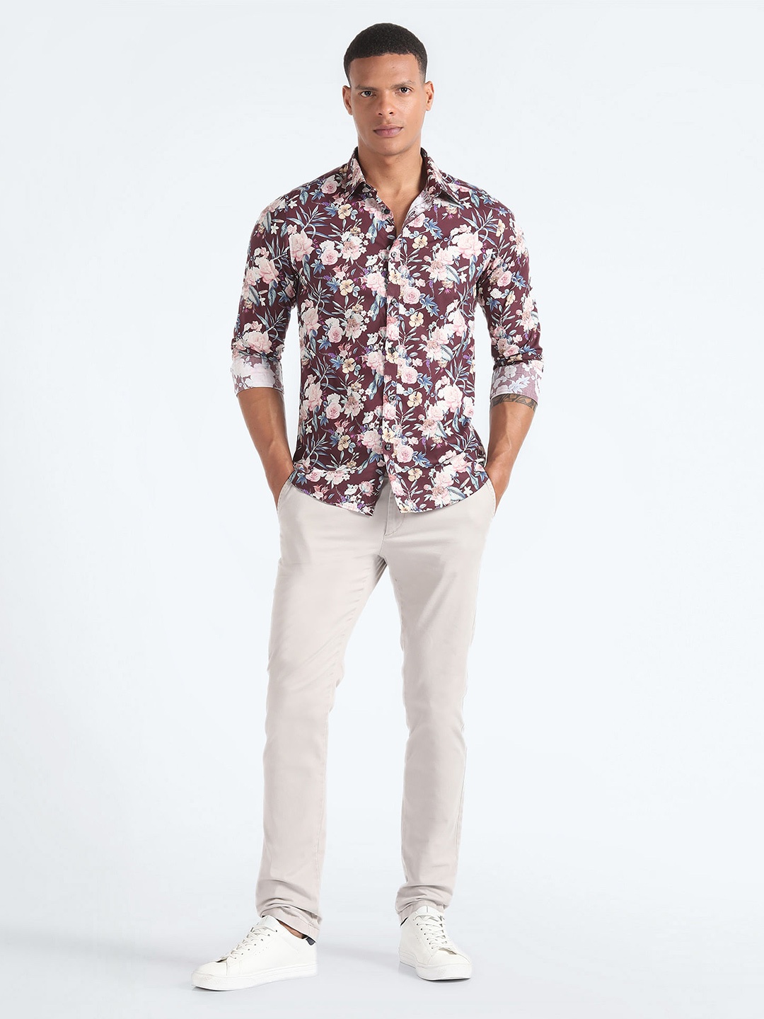 

Flying Machine Slim Fit Floral Printed Pure Cotton Casual Shirt, Burgundy