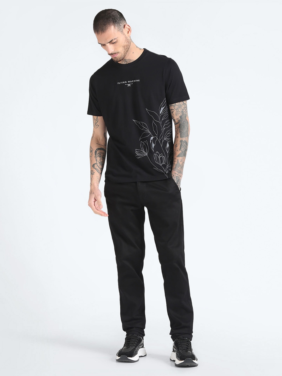 

Flying Machine Floral Printed Cotton T-shirt, Black