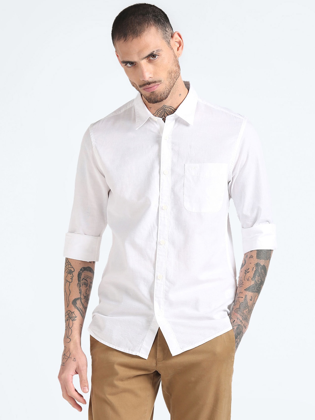 

Flying Machine Spread Collar Roll Up Sleeves Slim Fit Casual Shirt, White