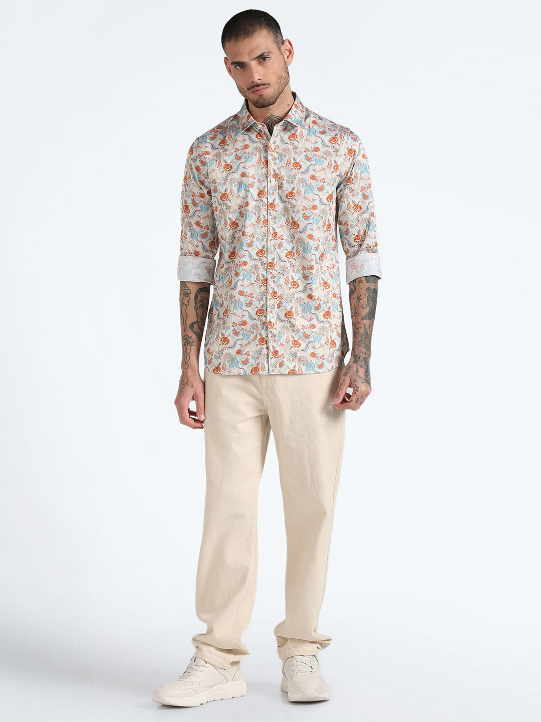 

Flying Machine Slim Fit Floral Printed Pure Cotton Casual Shirt, Beige
