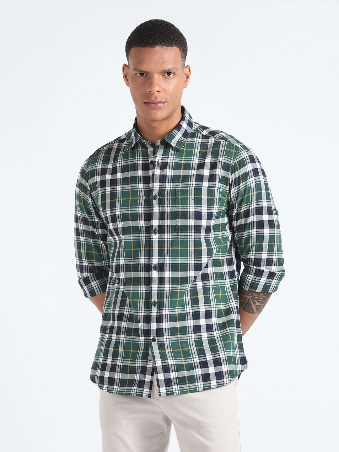 

Flying Machine Slim Fit Tartan Checks Spread Collar Cotton Opaque Casual Shirt, Green