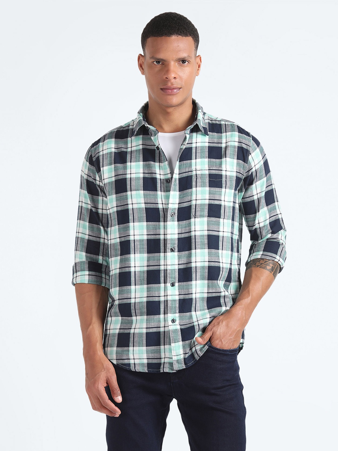 

Flying Machine Checked Spread Collar Roll Up Sleeves Pure Cotton Casual Shirt, Blue