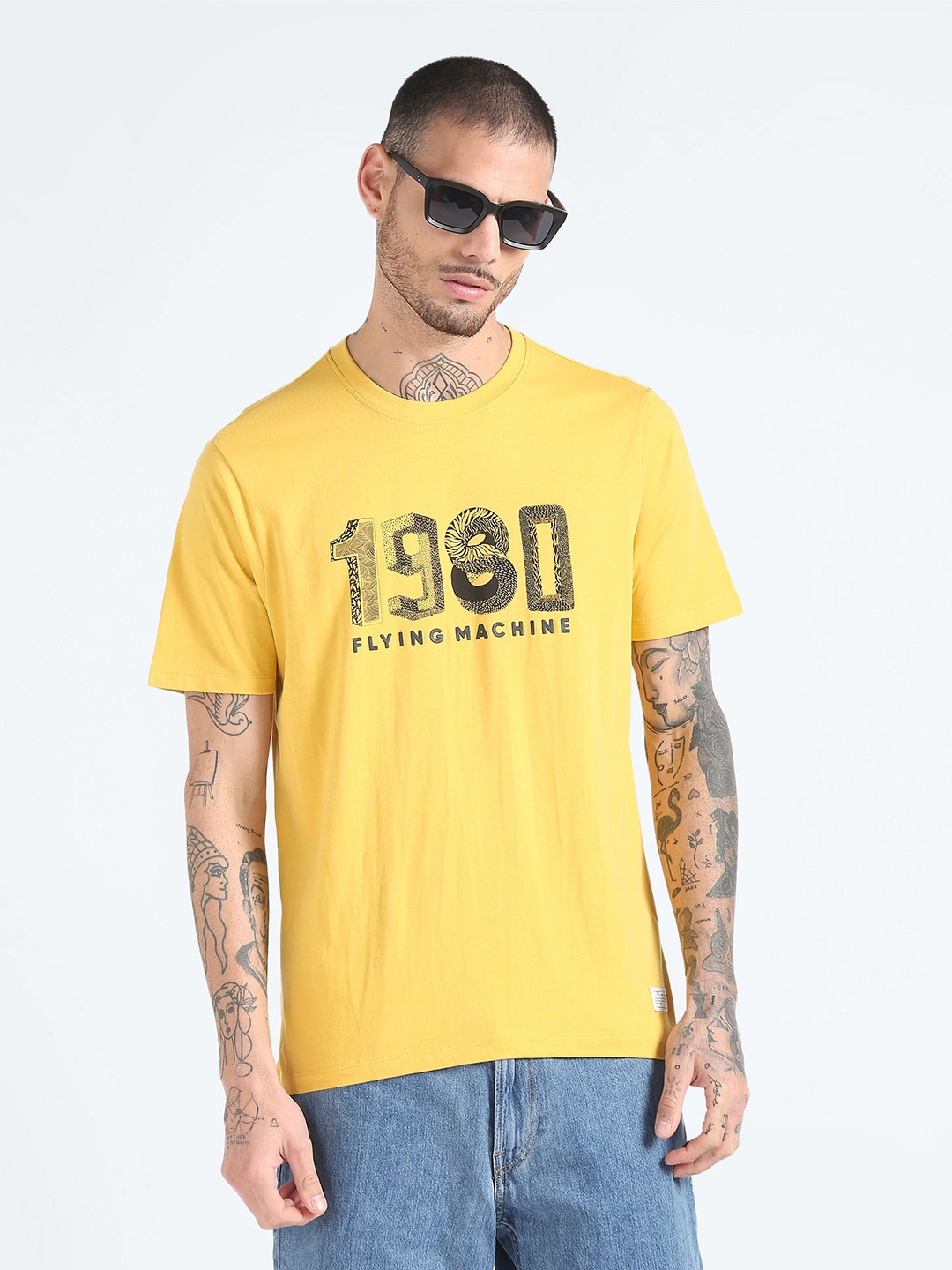 Flying Machine Typography Printed Pure Cotton T-shirt, Yellow
