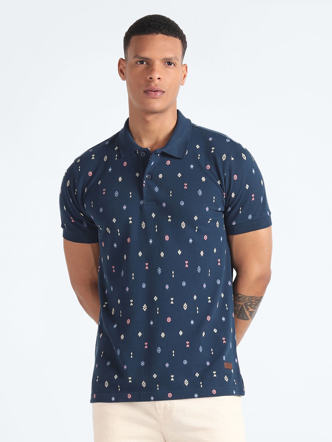 

Flying Machine Geometric Printed Polo Collar Pure Cotton T-shirt, Navy blue