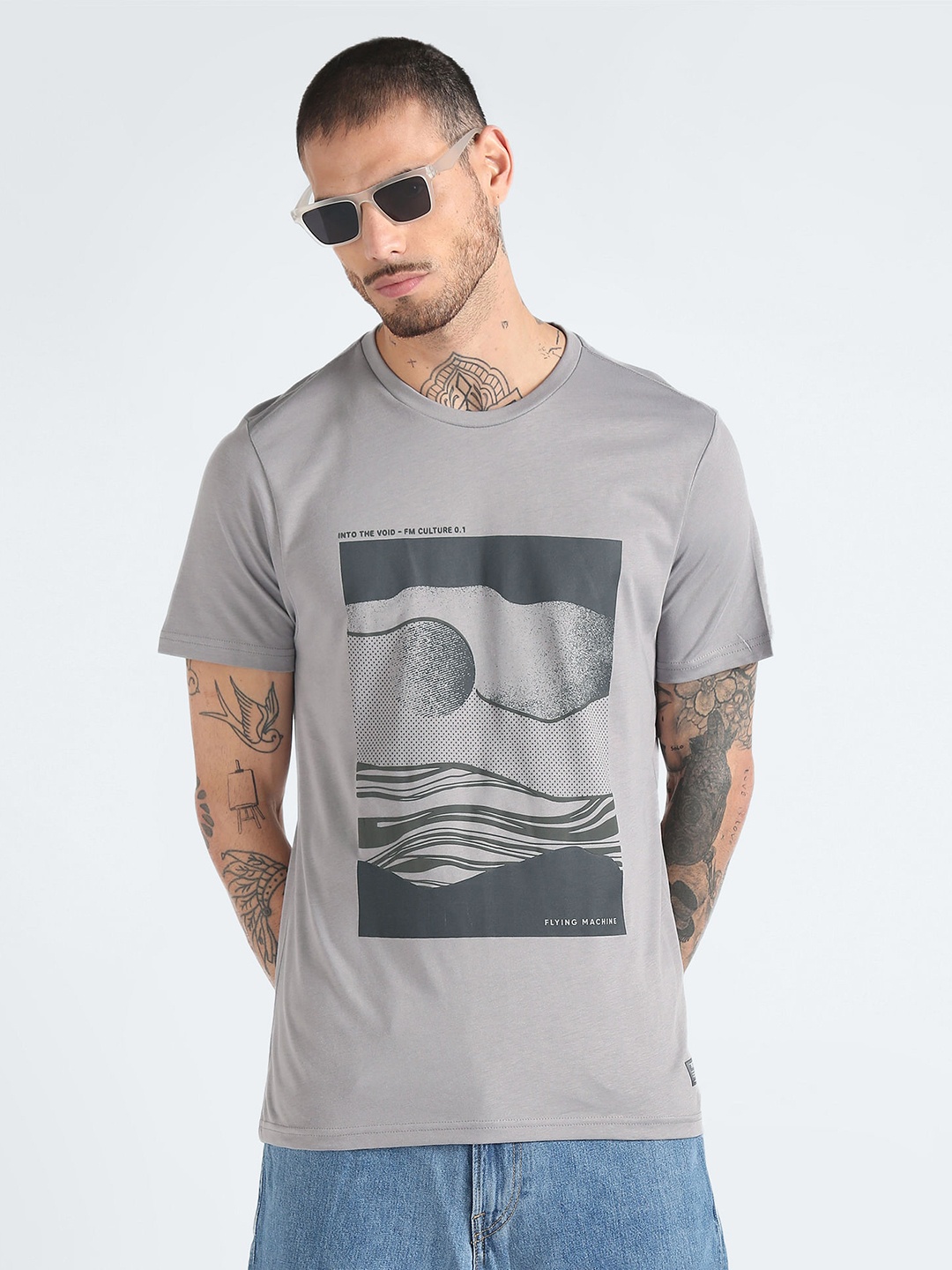 

Flying Machine Graphic Printed Pure Cotton T-shirt, Grey