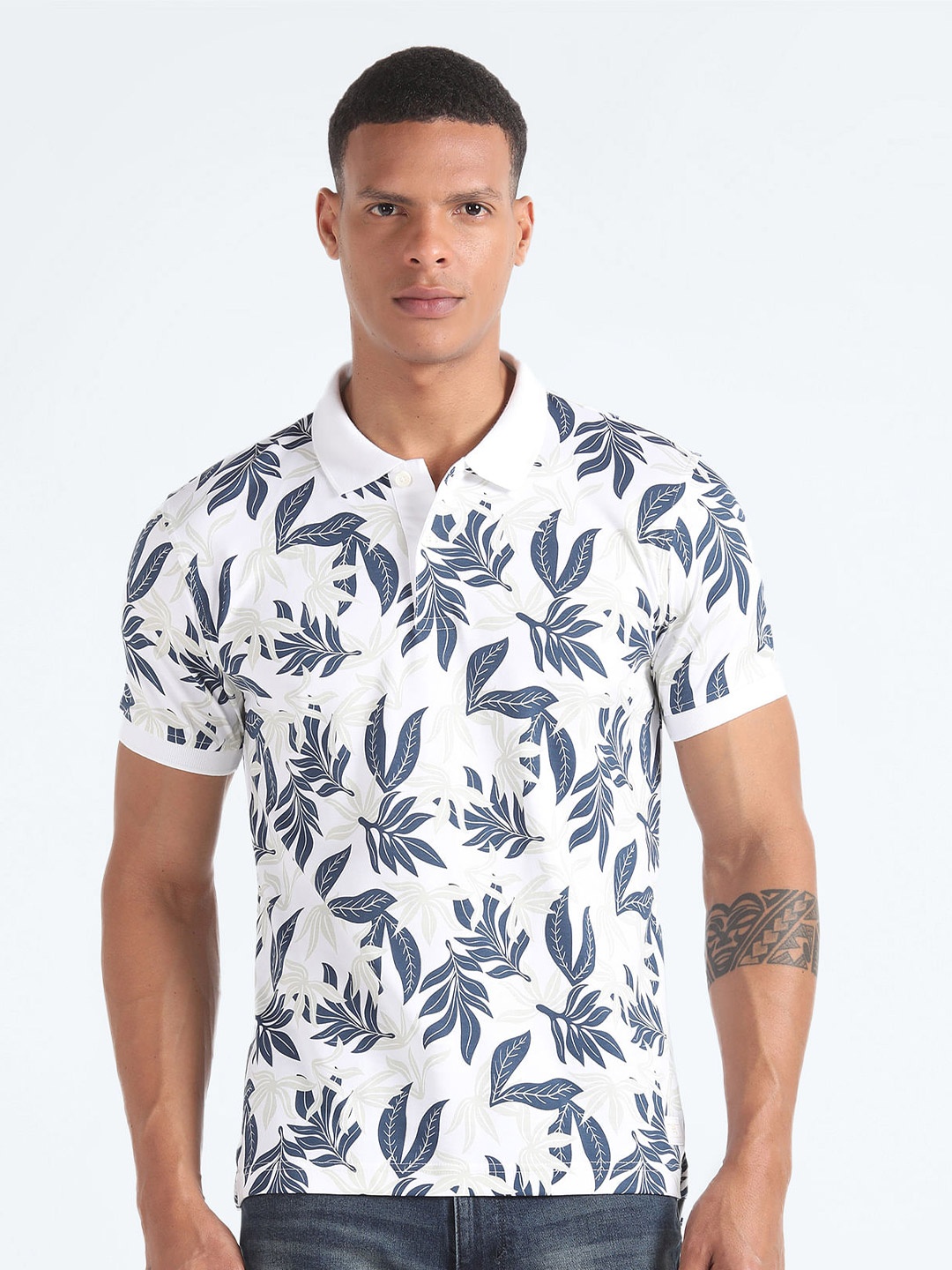 

Flying Machine Polo Collar Tropical Printed Cotton T-shirt, White