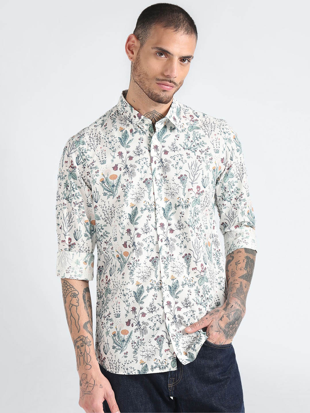 

Flying Machine Slim Fit Floral Floral Printed Casual Shirt, White