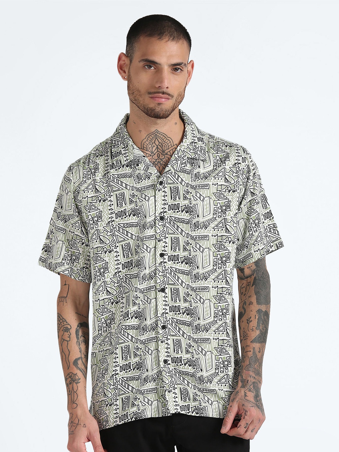 

Flying Machine Geometric Printed Cuban Collar Casual Shirt, White