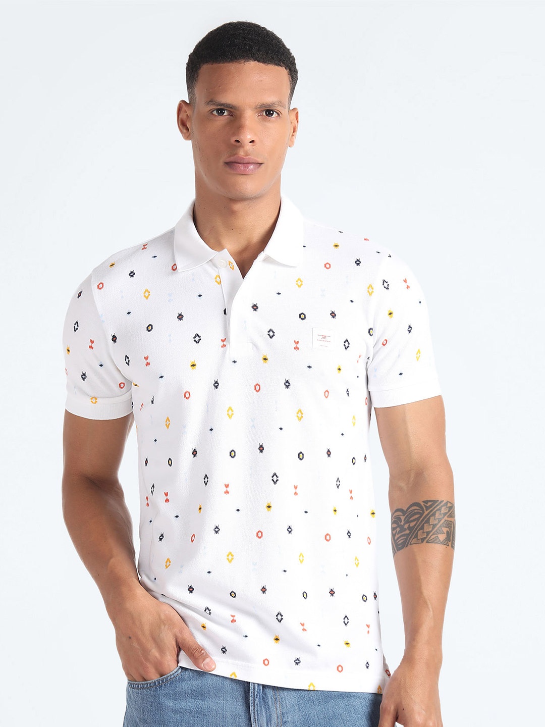 

Flying Machine Polo Collar Geometric Printed T-shirt, White