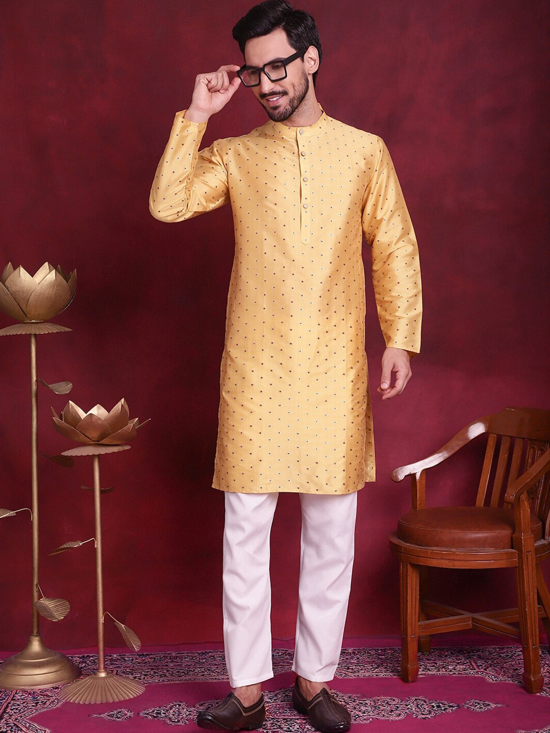 

Anouk Yellow Ethnic Motifs Jacquard Woven Design Band Collar Straight Kurta With Trouser