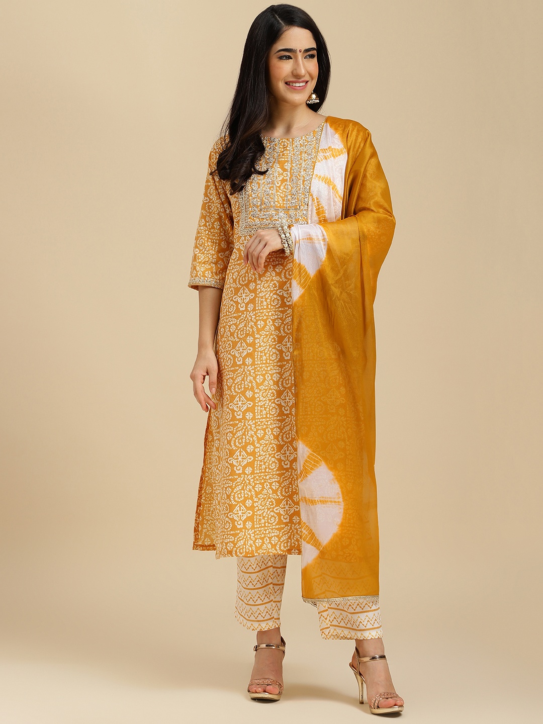 

MOKOSH Ethnic Motifs Printed Regular Sequinned Kurta With Trousers & Dupatta, Yellow