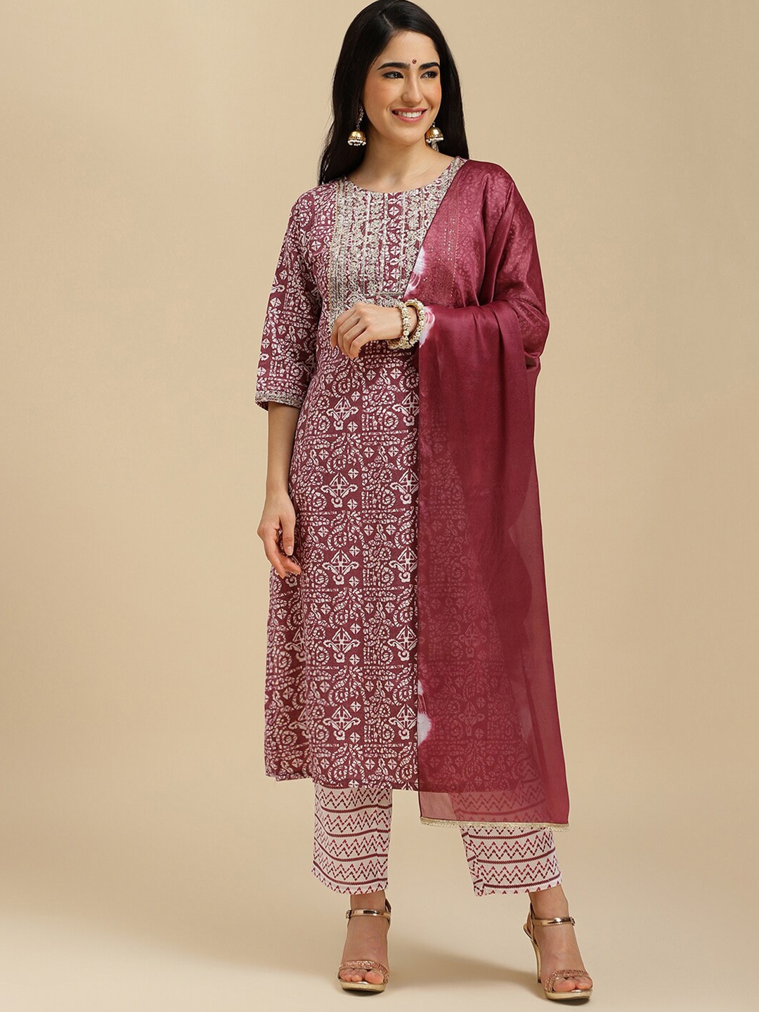 

MOKOSH Ethnic Motifs Printed Regular Sequined Kurta With Trousers & Dupatta, Red