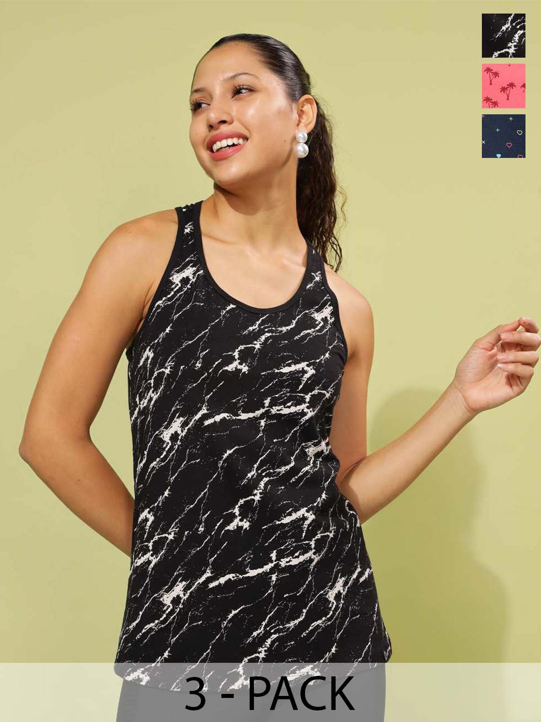 

Dollar Pack Of 3 Printed Racer Back Pure Cotton Tank Tops, Multi