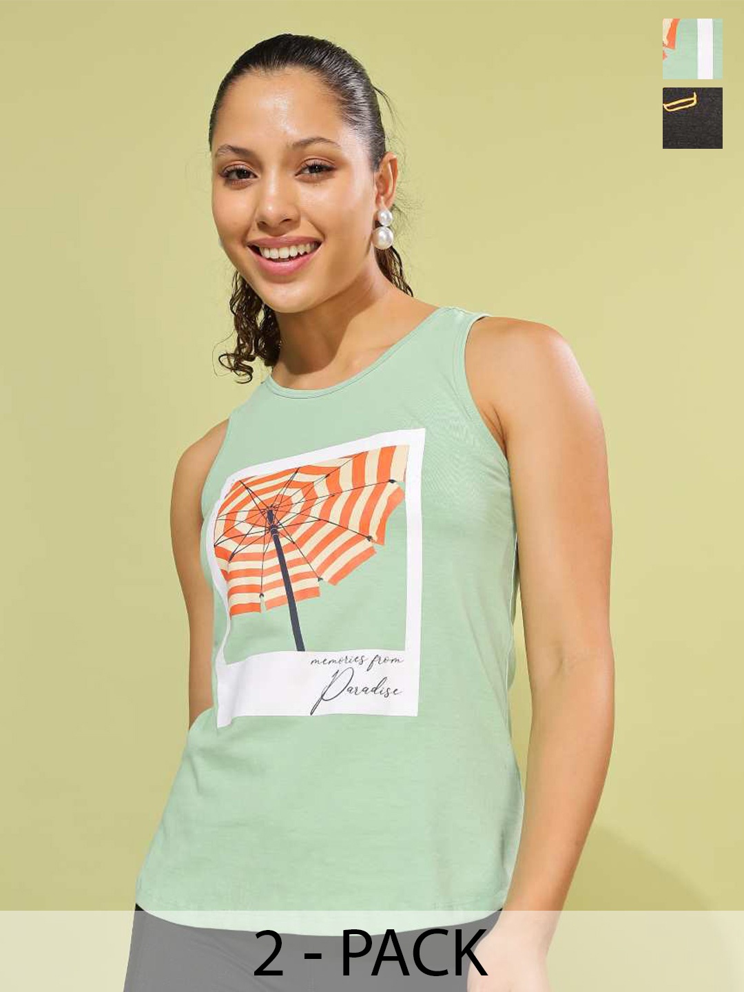 

Dollar Pack of 2 Round Neck Sleeveless Printed Cotton Tank Top, Green
