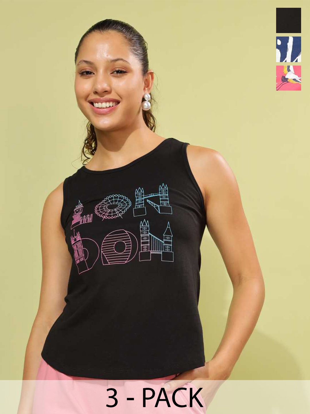 Dollar Pack of 3 Round Neck Sleeveless Printed Cotton Tank Top, Pink