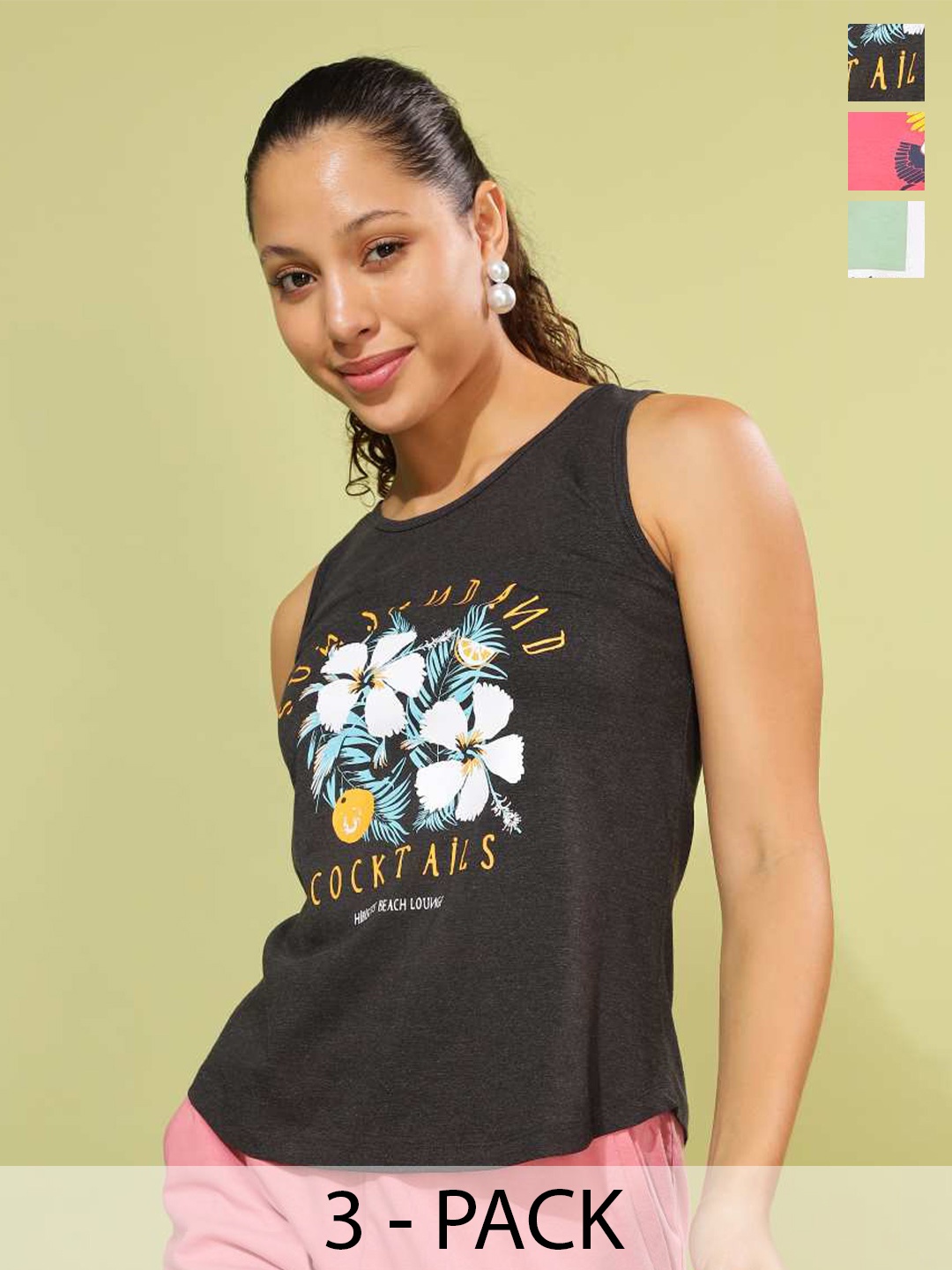 Dollar Pack of 3 Round Neck Sleeveless Printed Cotton Tank Top, Green