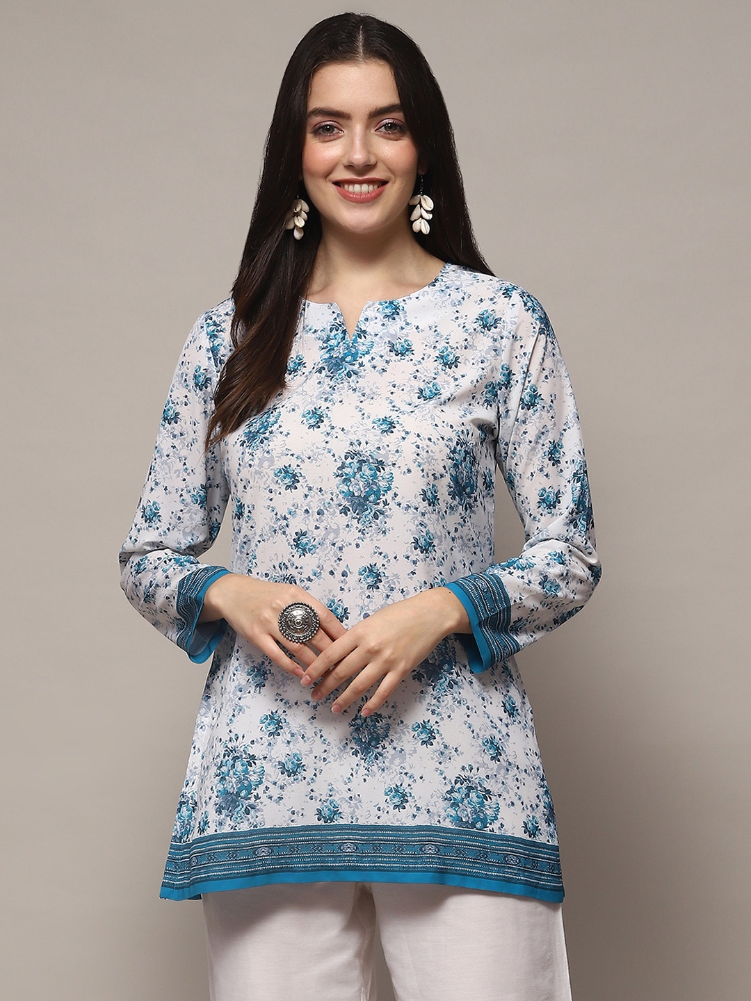 

Biba Floral Printed Notch Neck Kurti, Blue