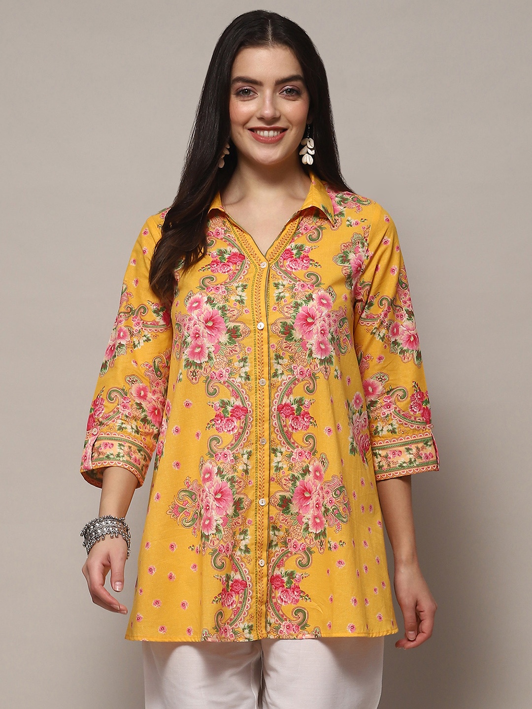 

Biba Floral Printed Shirt Collar Pure Cotton Kurti, Yellow