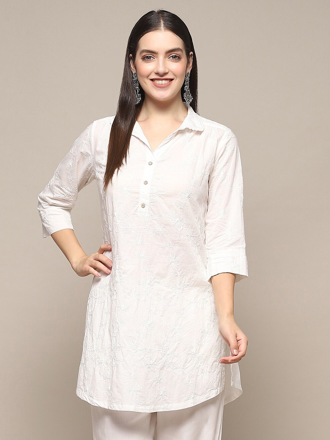 

Biba Floral Embroidered Shirt Collar Pure Cotton Tuinc, White