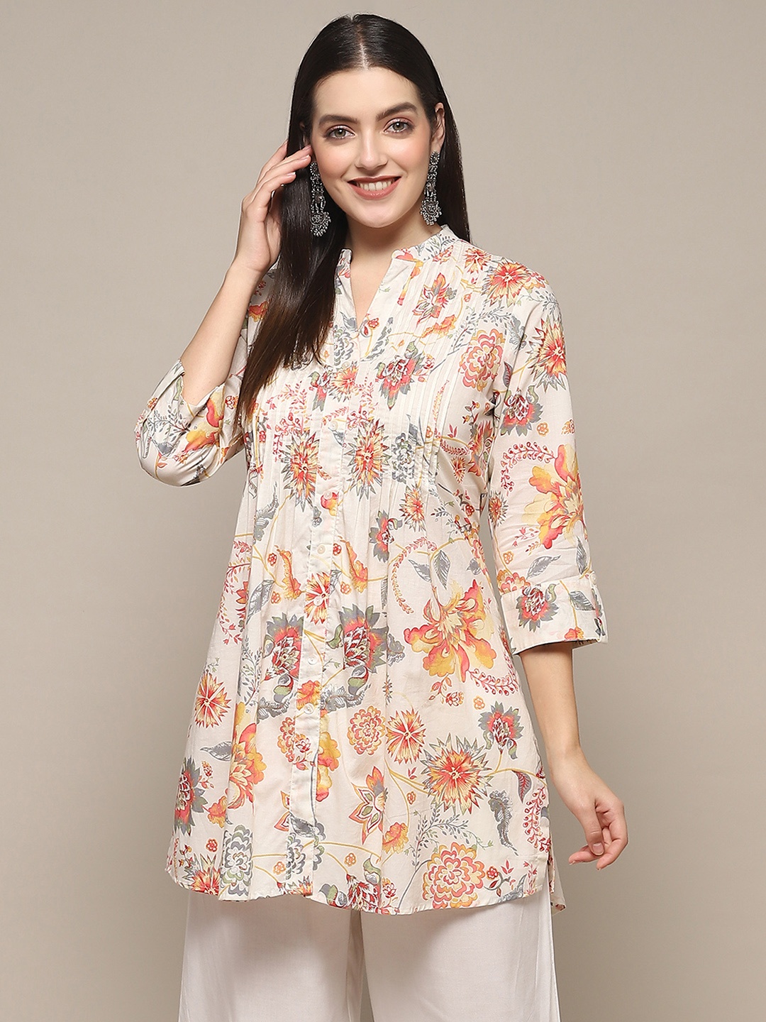 

Biba Floral Printed Shirt Collar Pure Cotton Kurti, Off white