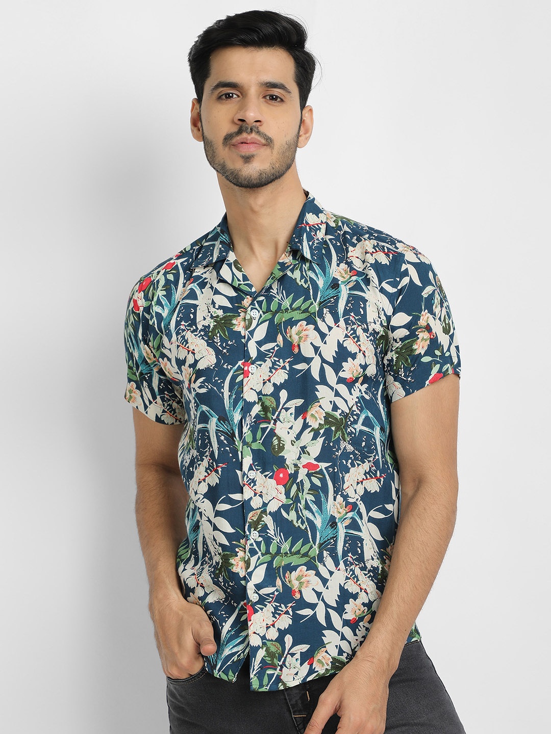 

UNIBLISS India Slim Fit Floral Printed Casual Shirt, Blue