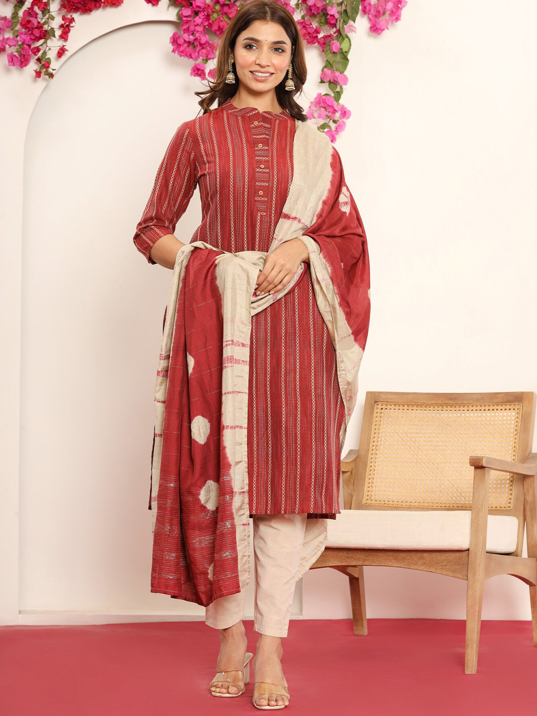 

PUKHYA Striped Regular Pure Cotton Kurta with Trousers & Dupatta, Maroon
