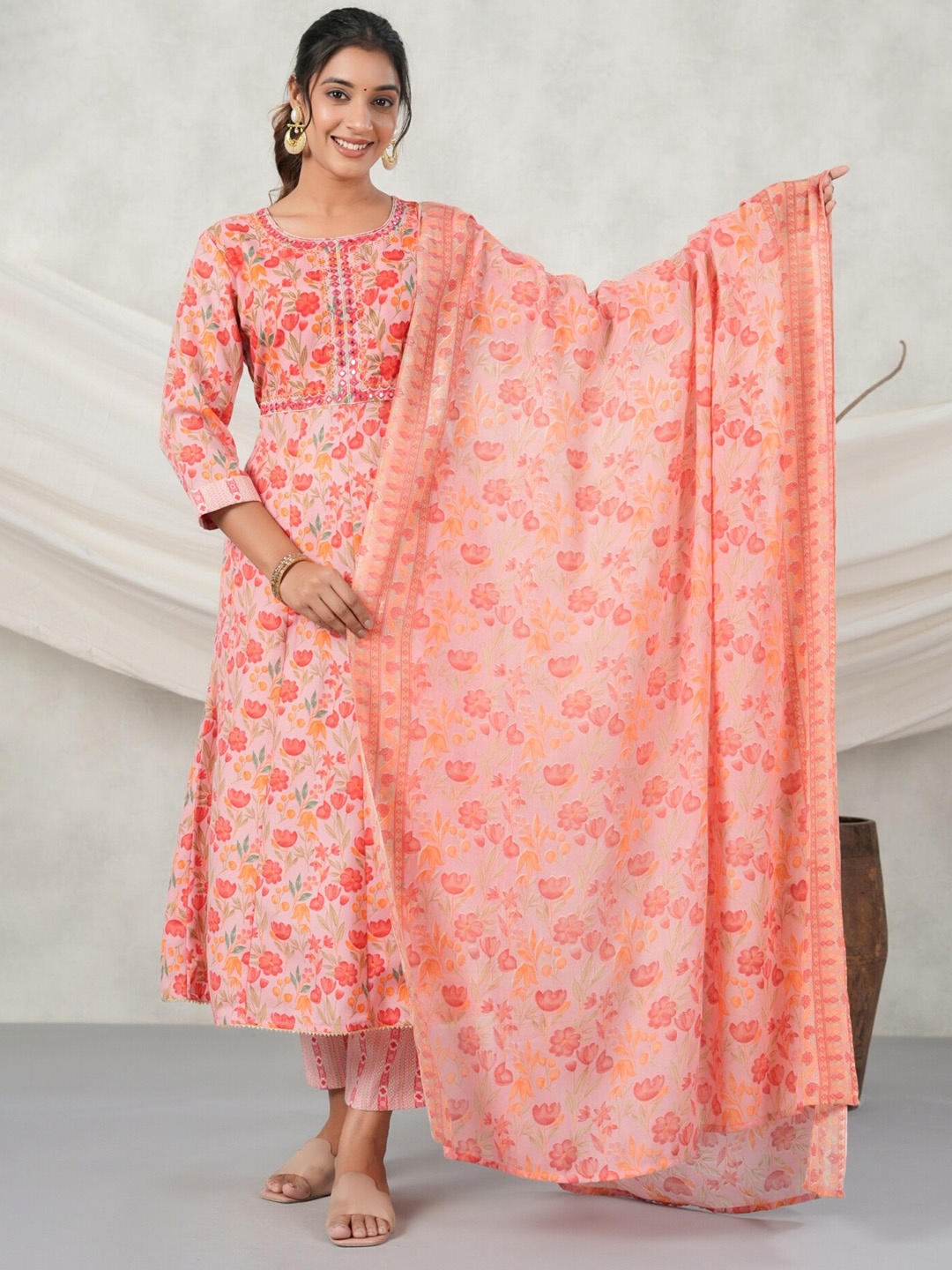 

PUKHYA Round Neck Floral Printed A line Mukaish Kurta with Trousers & Dupatta, Pink