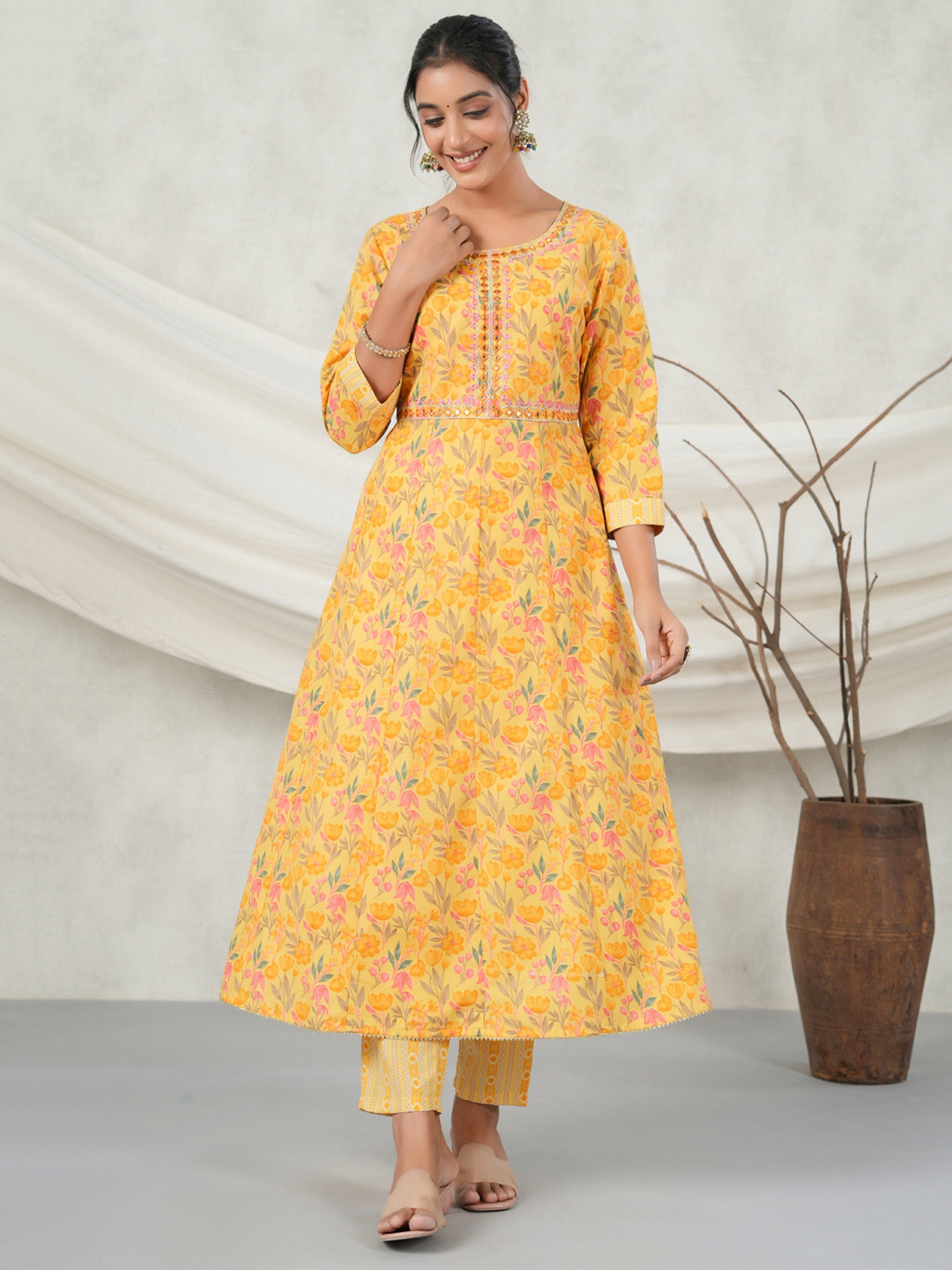 

PUKHYA Floral Printed Mirror Work Detailed Anarkali Kurta & Trouser With Dupatta, Mustard