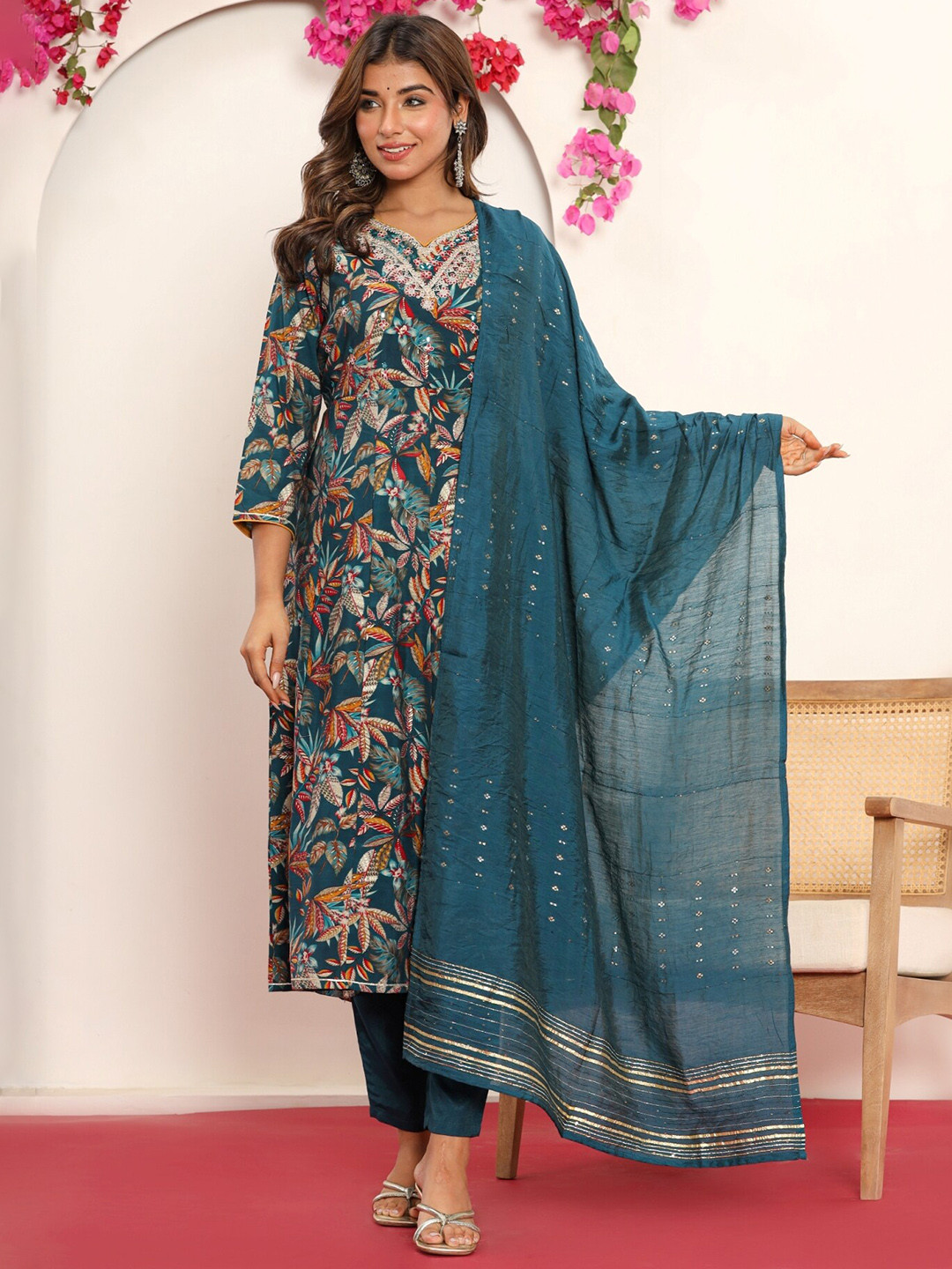 

PUKHYA V neck Paisley Printed Straight Thread Work Kurta with Trousers & Dupatta, Blue