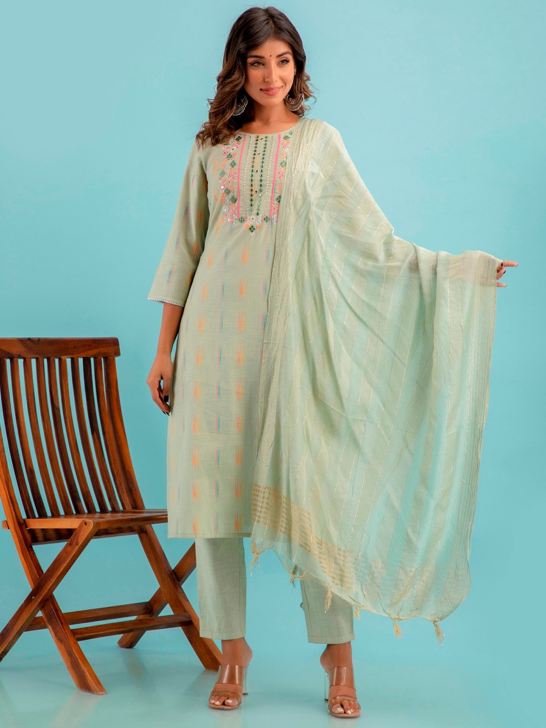 

PUKHYA Floral Printed Mirror Work Pure Cotton Kurta with Trousers & Dupatta, Green