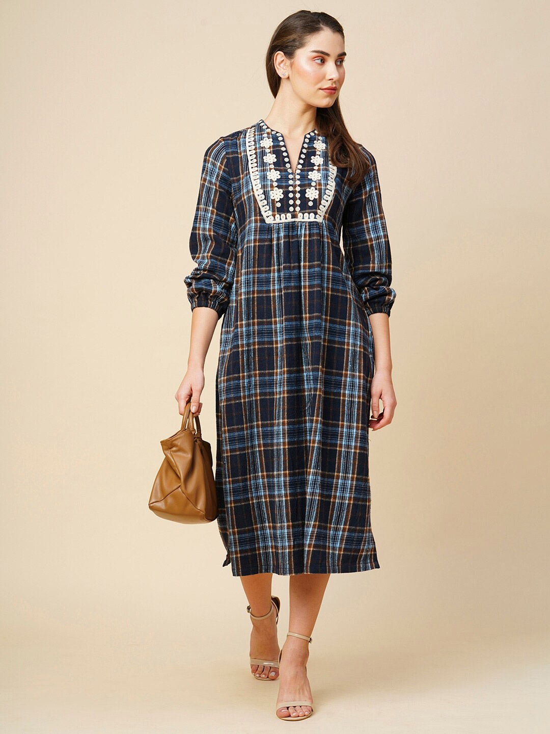 

Chemistry Checked Puff Sleeve A-Line Cotton Midi Dress, Navy blue