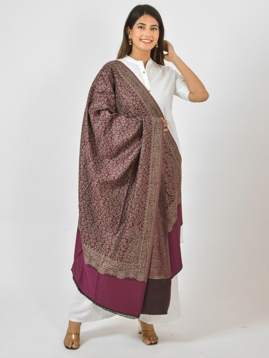 

BAISA Floral Woven Design Acrylic & Wool Shawl, Purple