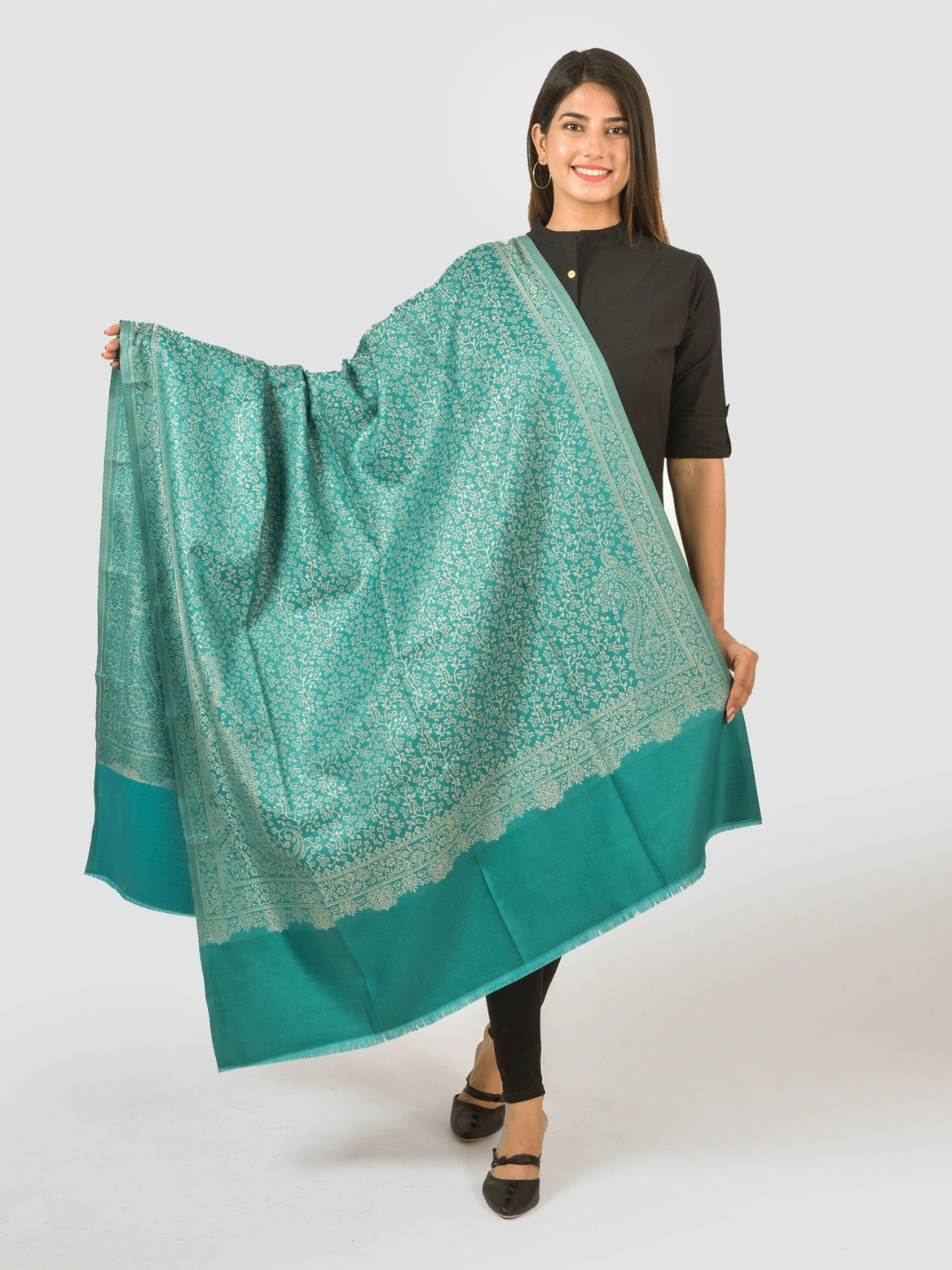 

BAISA Floral Woven Designed Fringed Shawl, Turquoise blue