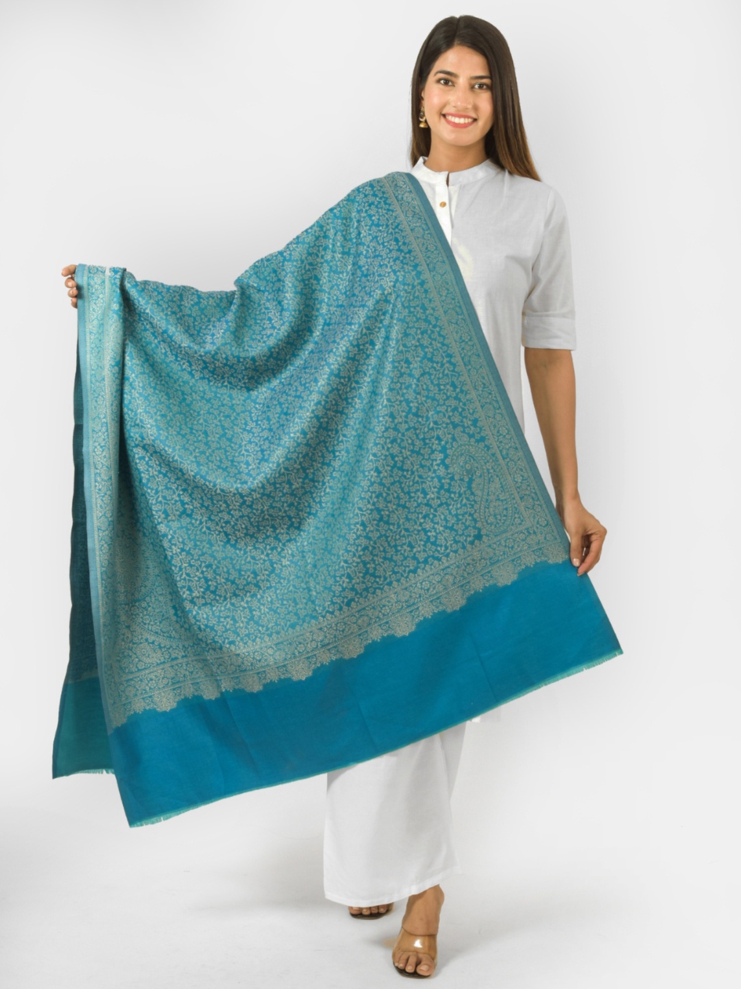 

BAISA Floral Woven Design Acrylic & Woollen Shawl, Blue