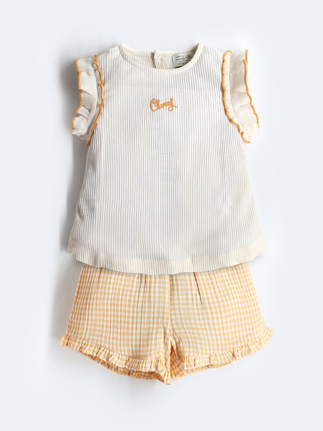 

Cherry Crumble Girls Self Design Sleeveless Top With Shorts, Cream