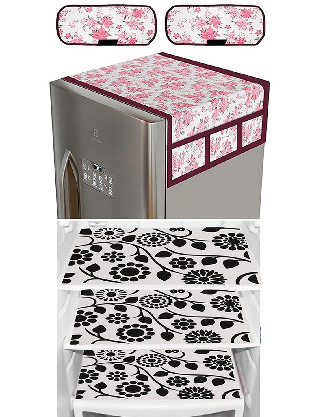 

Dakshya Industries White & Pink 6-Pcs Printed Fridge Top Cover, Handle Covers & Mats