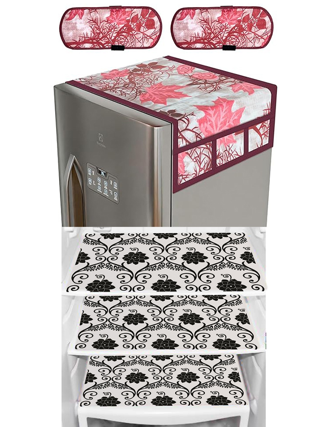 

Dakshya Industries Pink & White 6 Pieces Printed Fridge Top Cover, Handle Covers & Mats, Black