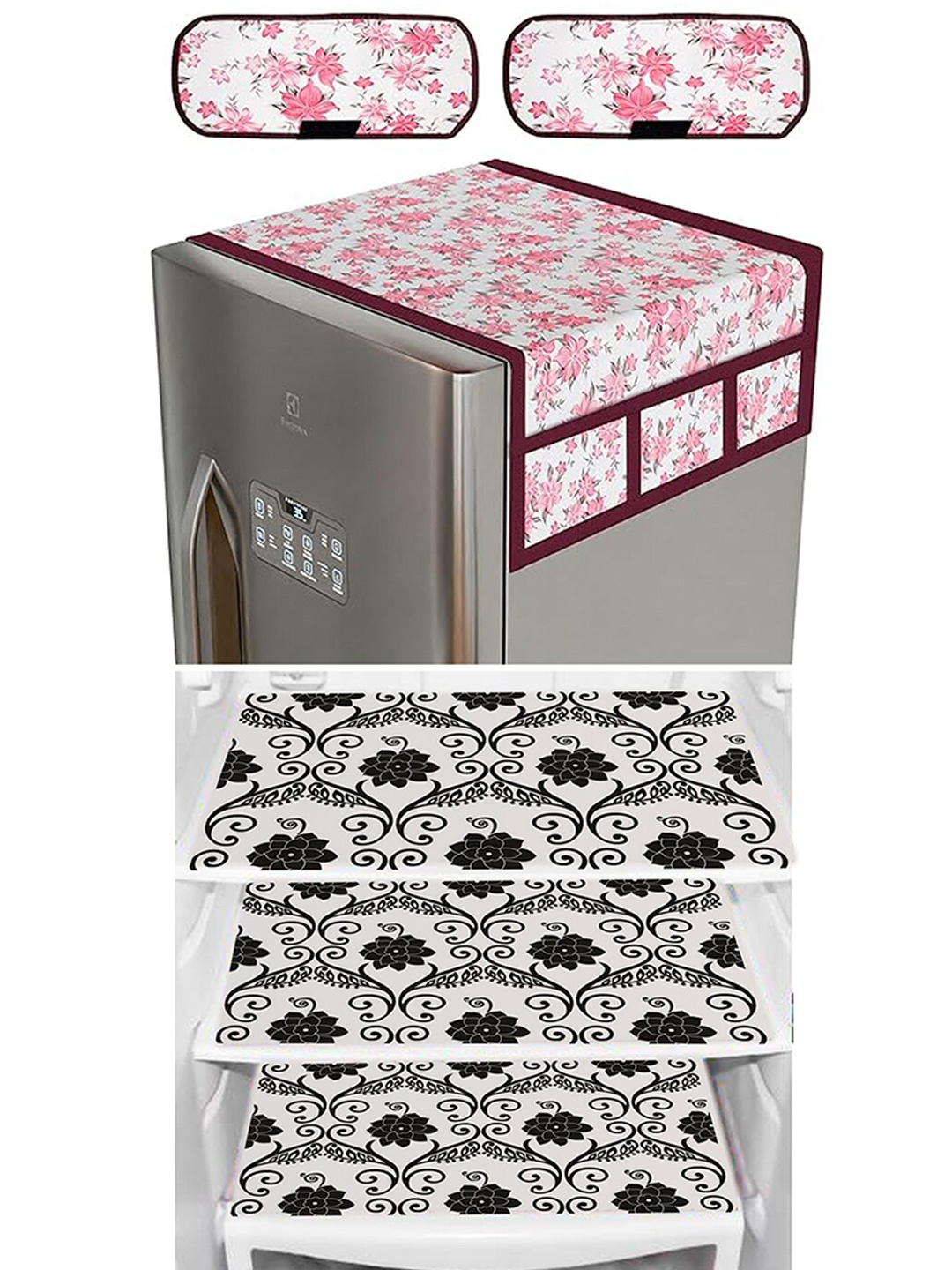 

Dakshya Industries White & Pink 6 Pieces Printed Fridge Top Cover, Handle Covers & Mats, Black