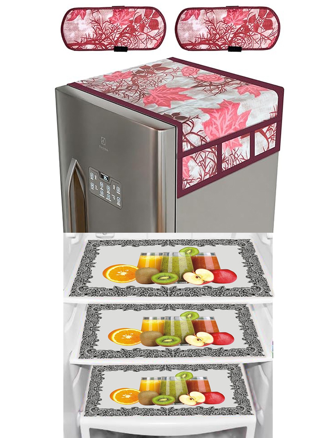 

Dakshya Industries White & Pink 6 Pieces Printed Fridge Top Cover, Handle Covers & Mats