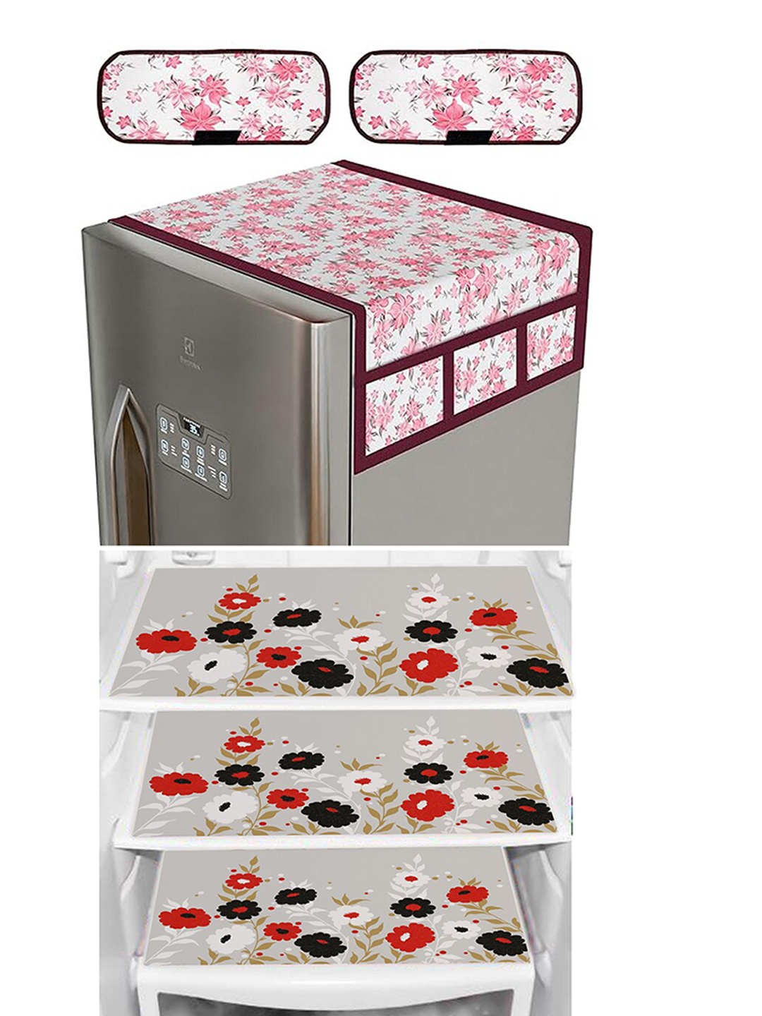 

Dakshya Industries Red & White 6 Pieces Printed Fridge Top Cover, Handle Covers & Mats