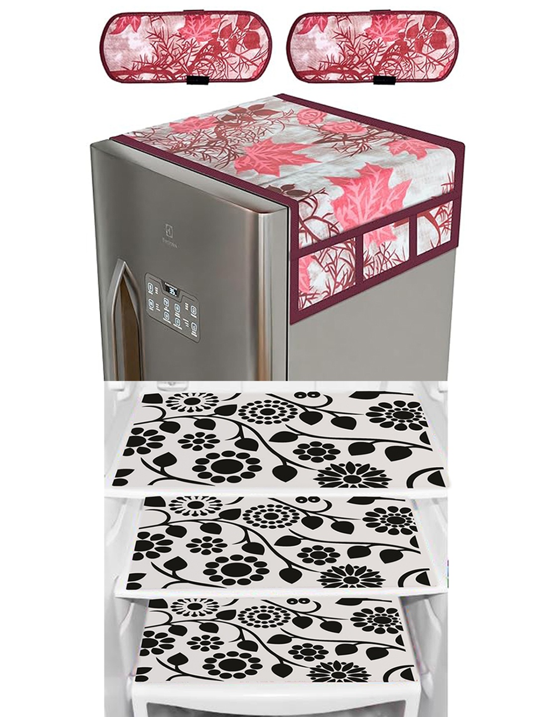 

Dakshya Industries Maroon & White 6 Pieces Floral Fridge Top Cover, Handle Covers & Mats