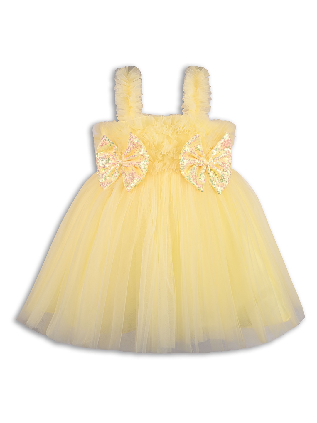 

Wish Karo Girls Shoulder Straps Ruffled Bow & Sequined Tulle Net Fit & Flare Dress, Yellow