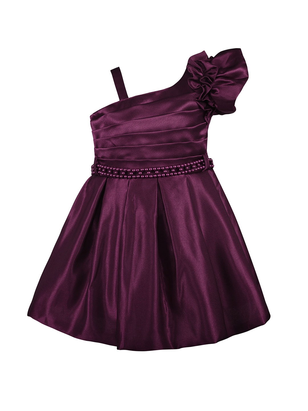 

Wish Karo Girls Asymmetric Neck Pleated & Ruffled Satin Fit & Flare Dress, Purple